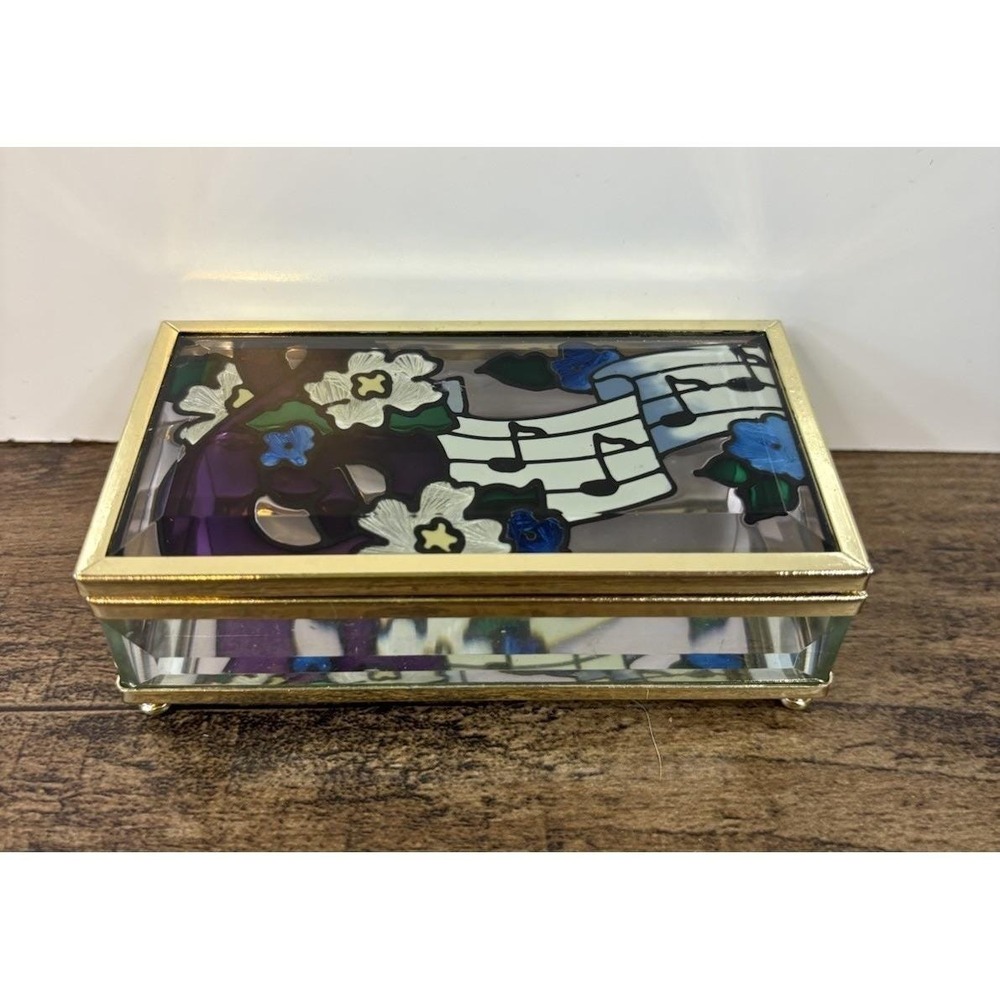 Vtg Joan Baker Designs Stain Glass Musical Note Hand Painted Trinket Box Beveled